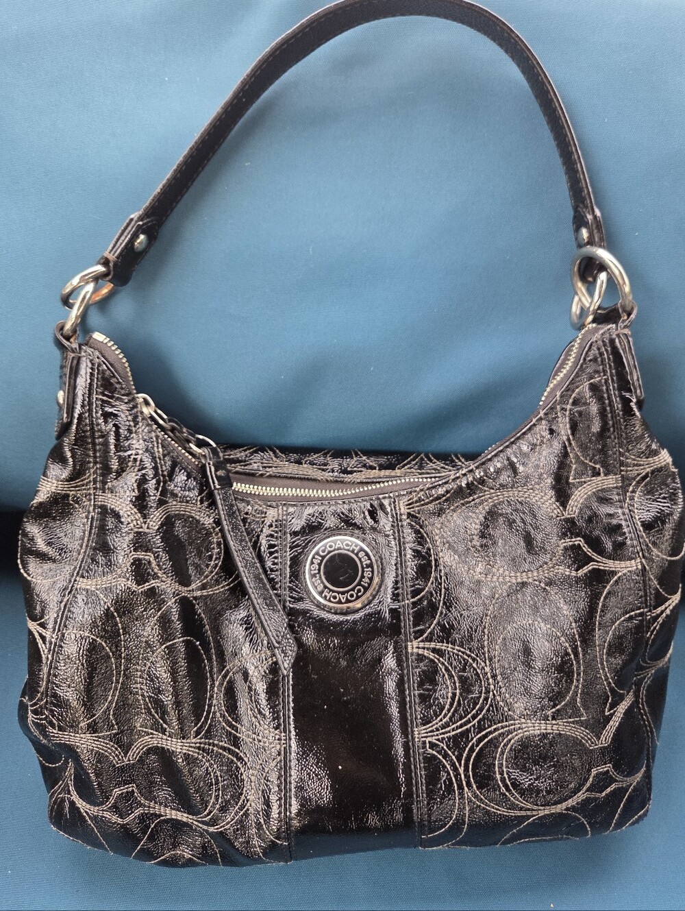 Coach Signature Stitched Patent Leather Hobo Bag